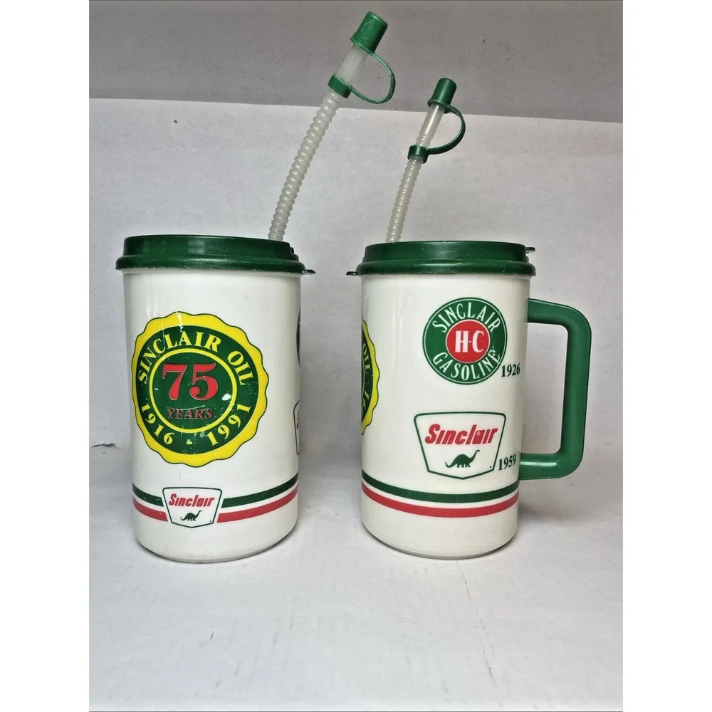 2 Vintage Sinclair Oil 75 Years 1916-1991 Travel Mugs Cup White Green Straw 32oz